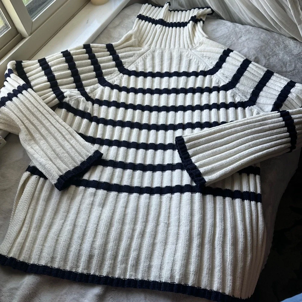 Coquette Chunky Ribbed Turtleneck Sweater Bell Sleeves Blue White Striped